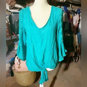 Just Found teal top long bell open sleeve embroidered floral tie front v-neck